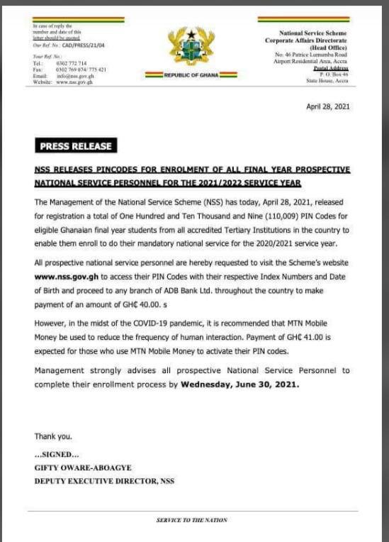 Pin Code 474003 NSS releases 2021/2022 service personnel pin codes - NoticeboardGH